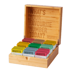 Stijlvolle 9-vaks bamboe theekist voor Bradley’s Favourites thee.